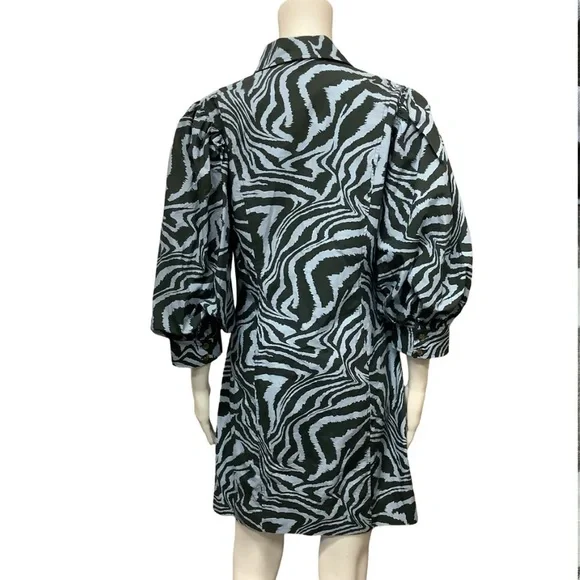 Ganni Blue Black Zebra Animal Print Puff Sleeve Mini Dress Size Small - Picture 8 of 11